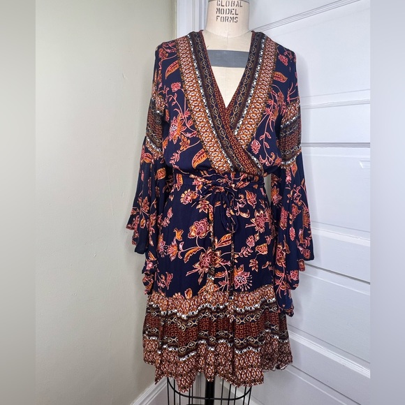 Z&L Europe Wrap Around Ruffle Dress Bell Sleeves Medium Floral Tribal Bohemian M - Picture 12 of 12